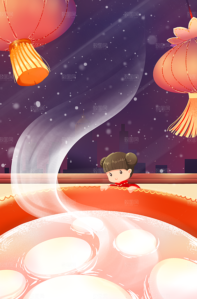 春节正月十五元宵节卡通手绘插画海报