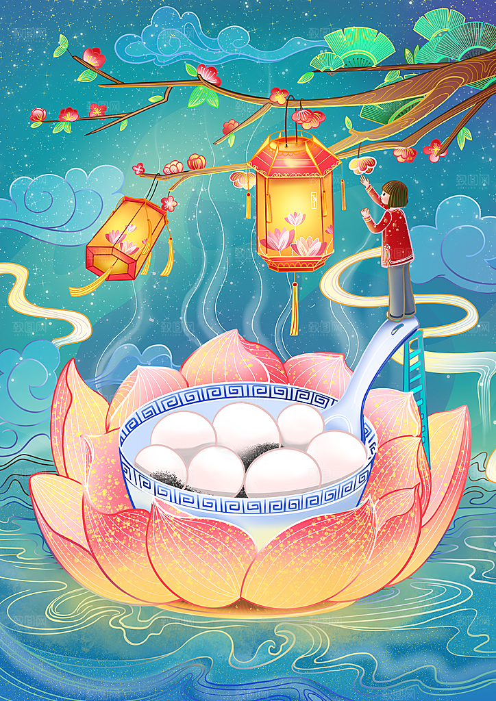 春节正月十五元宵节卡通手绘插画海报