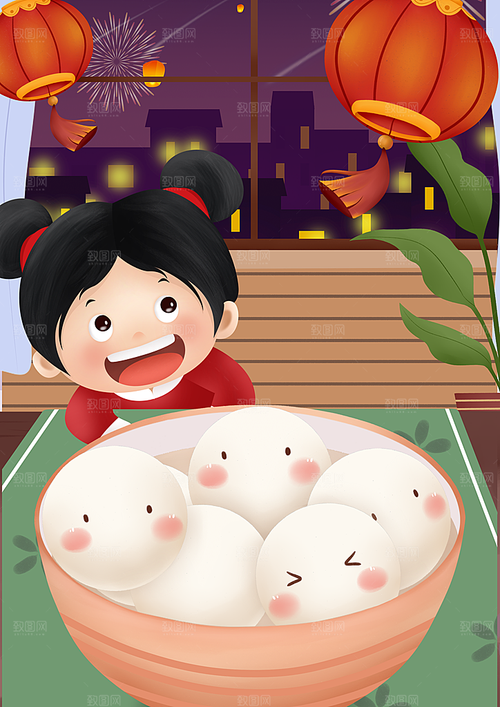 春节正月十五元宵节卡通手绘插画海报