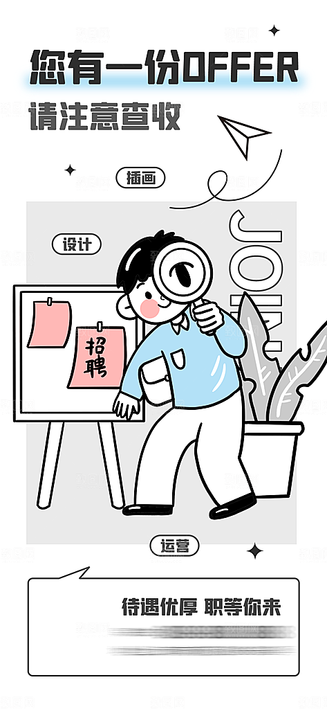 趣味卡通咖啡奶茶招聘插画海报