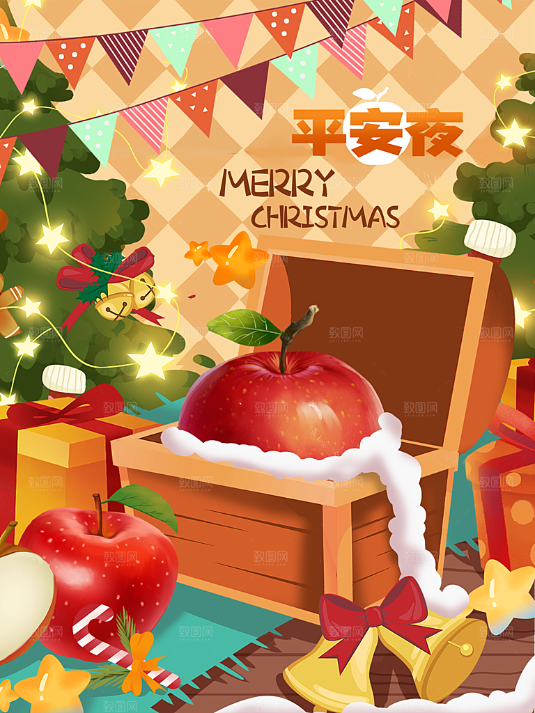 可爱卡通平安夜圣诞节老人插画海报