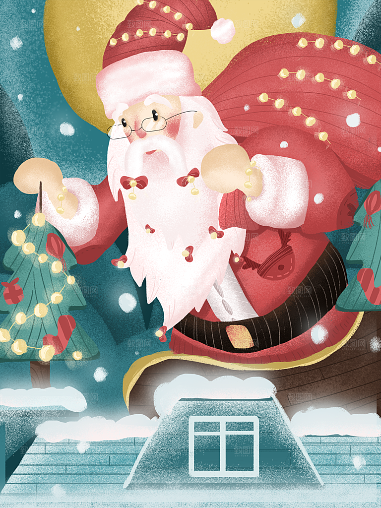 可爱卡通平安夜圣诞节老人插画海报
