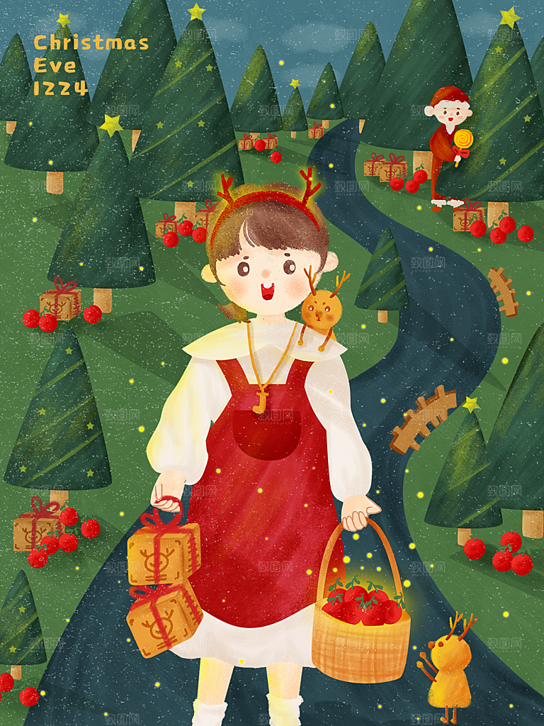 可爱卡通平安夜圣诞节老人插画海报