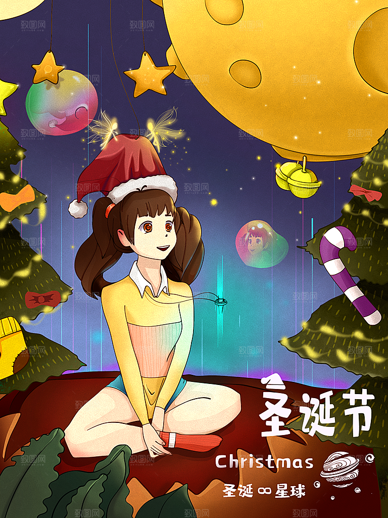 可爱卡通平安夜圣诞节老人插画海报