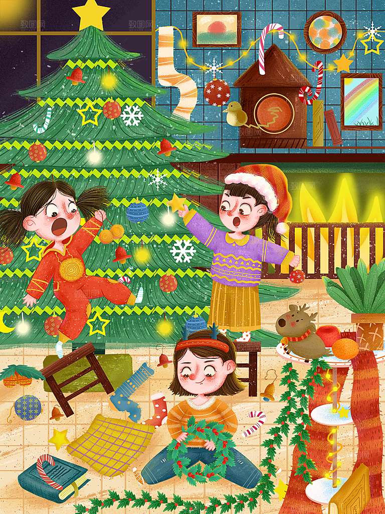 可爱卡通平安夜圣诞节老人插画海报