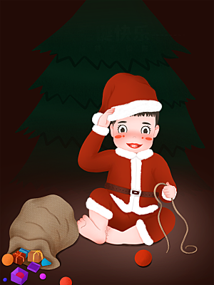 可爱卡通平安夜圣诞节老人插画海报