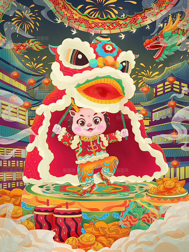 2024龙年新年春节手绘插画海报