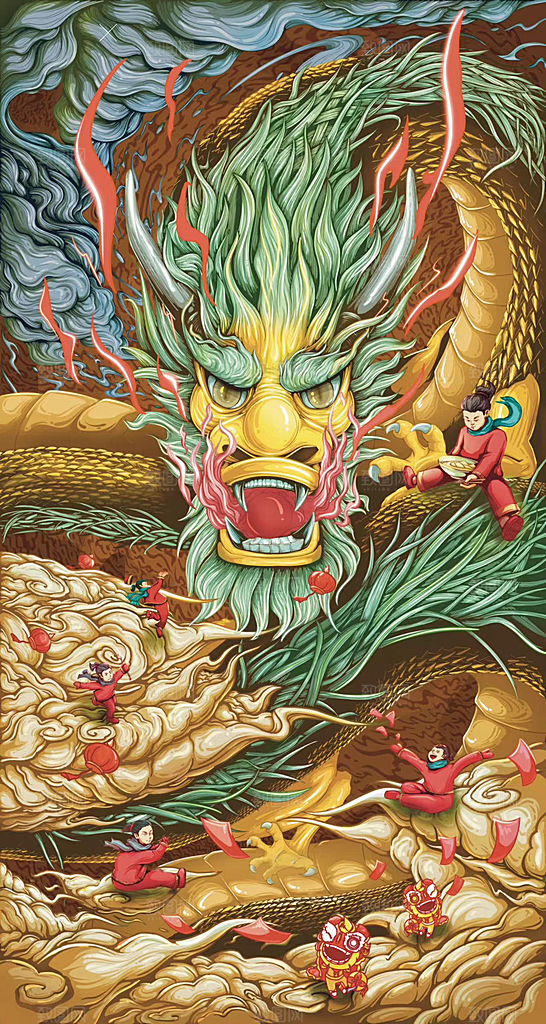 2024龙年新年春节手绘插画海报