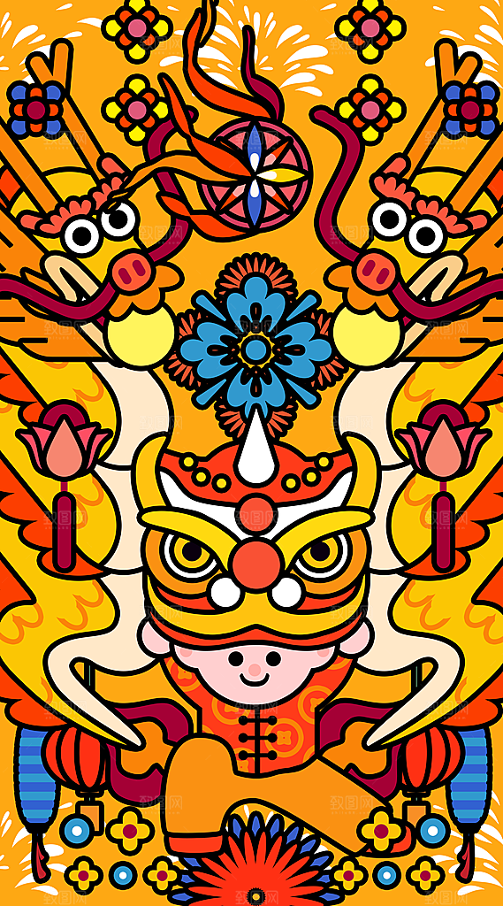 2024龙年新年春节手绘插画海报