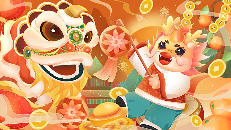 2024龙年新年春节手绘插画展板