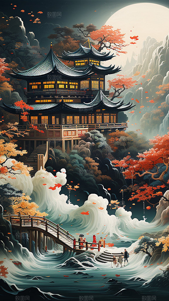 国潮玄幻山水建筑