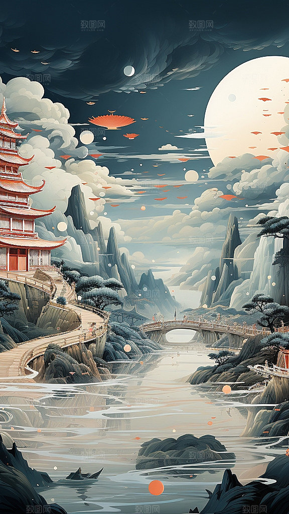 国潮玄幻山水建筑
