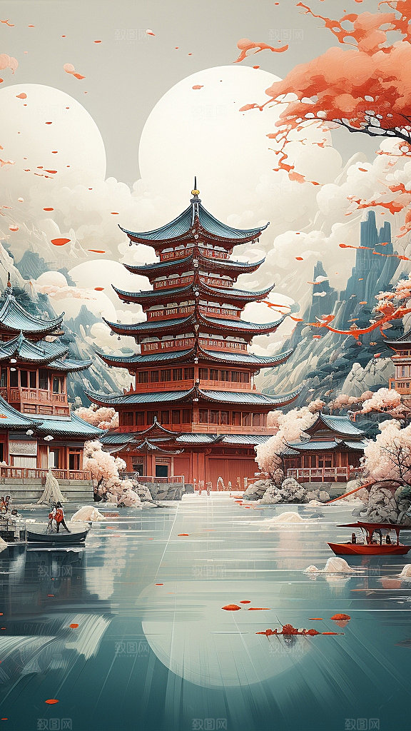 国潮玄幻山水建筑