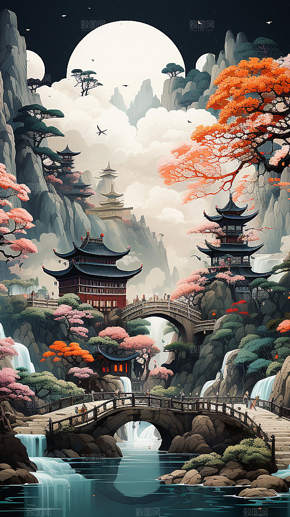 国潮玄幻山水建筑