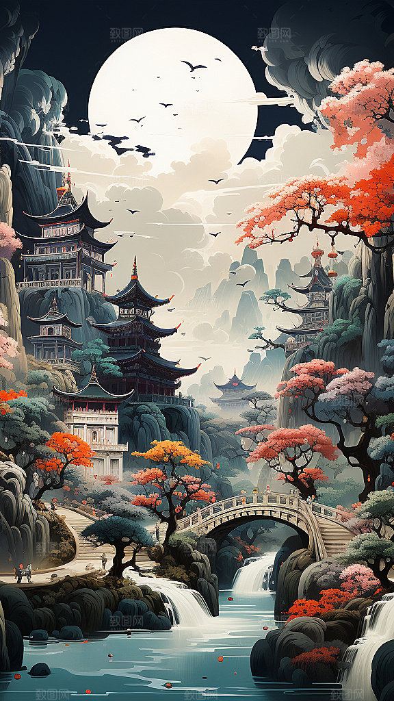 国潮玄幻山水建筑