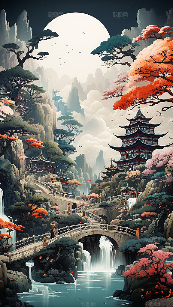 国潮玄幻山水建筑
