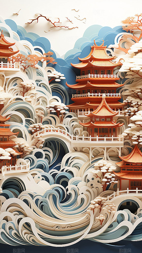 国潮玄幻山水建筑