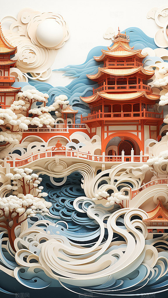 国潮玄幻山水建筑