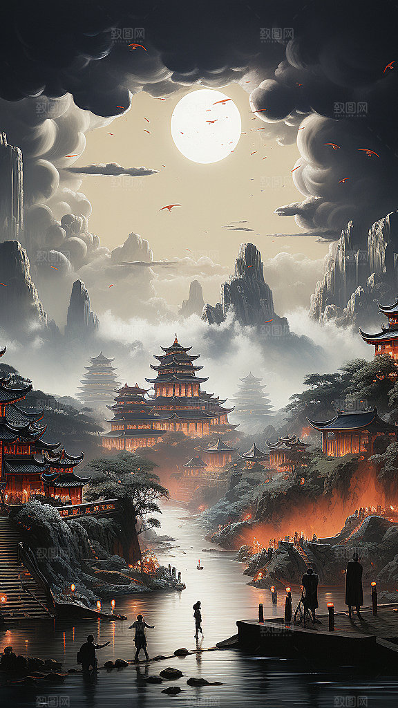 国潮玄幻山水建筑