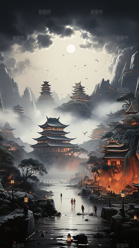 国潮玄幻山水建筑