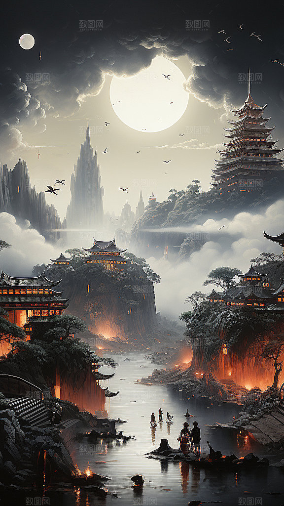 国潮玄幻山水建筑
