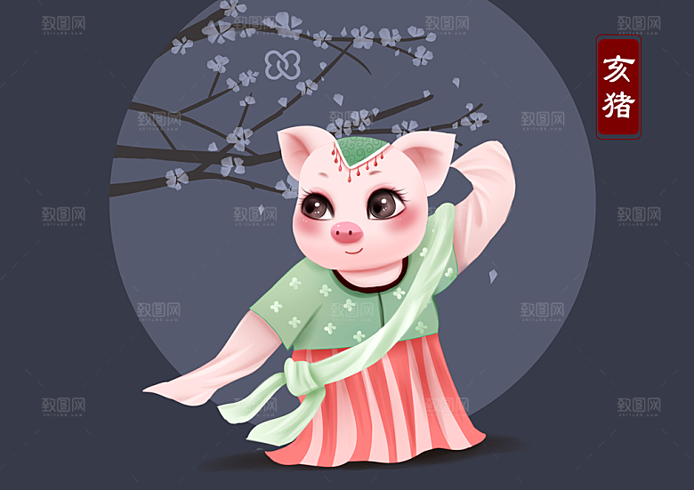 卡通汉服十二生肖插画