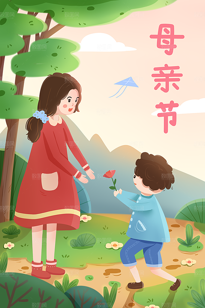 卡通母亲节简约大气插画海报