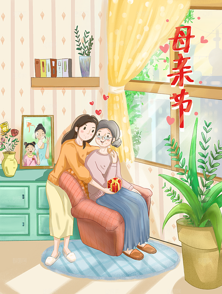 卡通母亲节简约大气插画海报