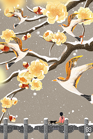 唯美花鸟手绘中国风意境海报