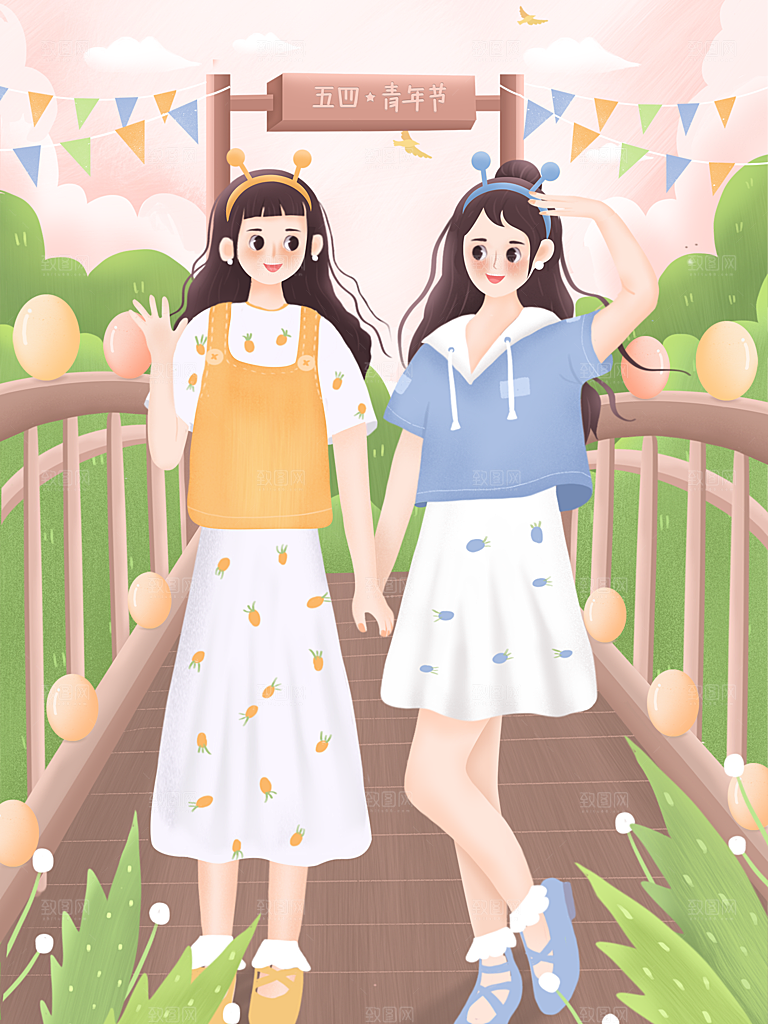 五四青年节节日插画海报