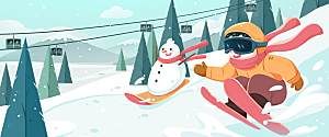 大寒节日节气主题插画雪人小孩滑雪内容插画