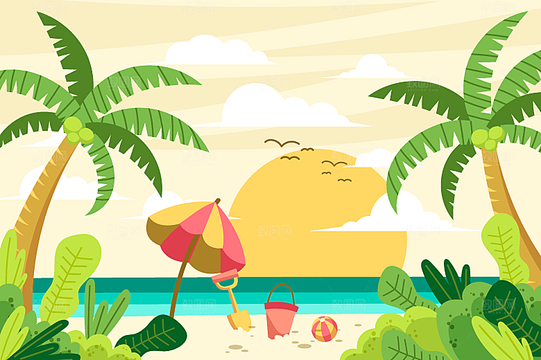 手绘人物夏季沙滩旅游风景插画海报