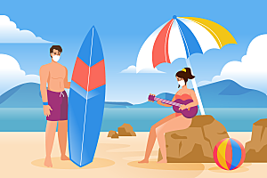 手绘人物夏季沙滩旅游风景插画海报