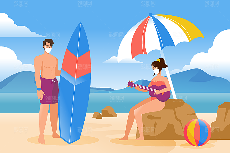 手绘人物夏季沙滩旅游风景插画海报