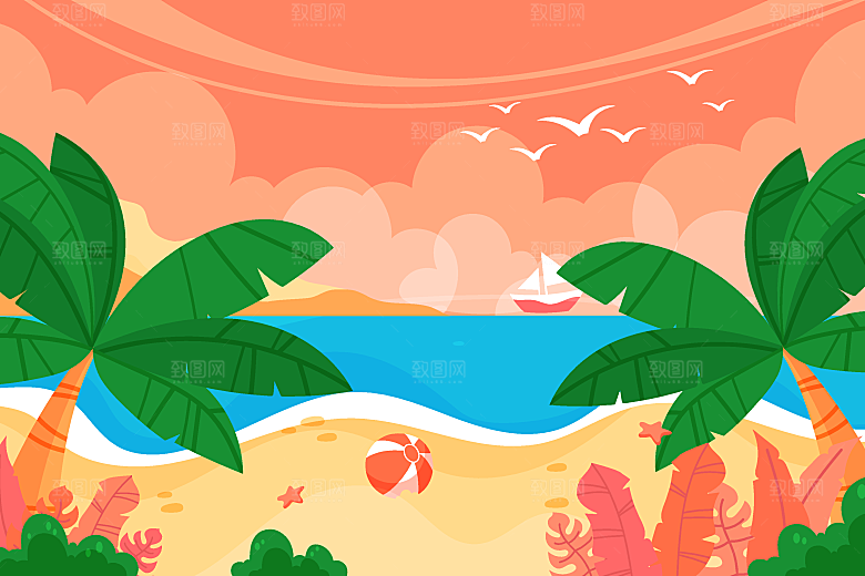 手绘人物夏季沙滩旅游风景插画海报