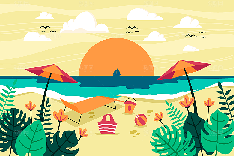 手绘人物夏季沙滩旅游风景插画海报