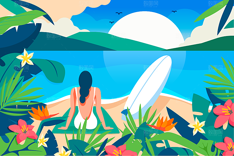 手绘人物夏季沙滩旅游风景插画海报