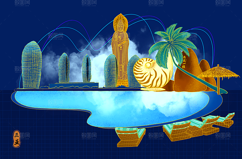 海南建筑地标插画图