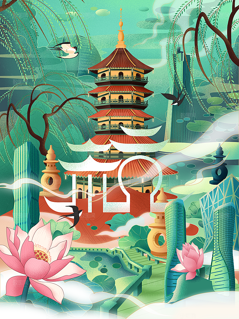 杭州建筑地标插画图