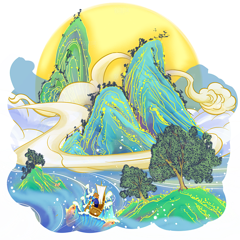 国风传统古典中式山水插画