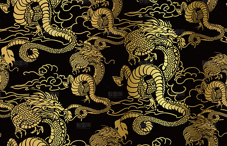 中式黑金山水建筑插画