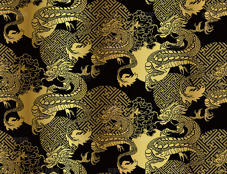 中式黑金山水建筑插画