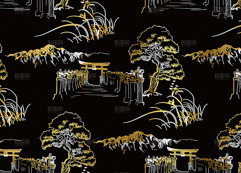 中式黑金山水建筑插画