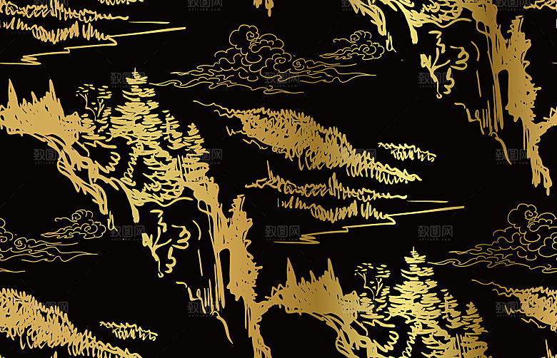 中式黑金山水建筑插画