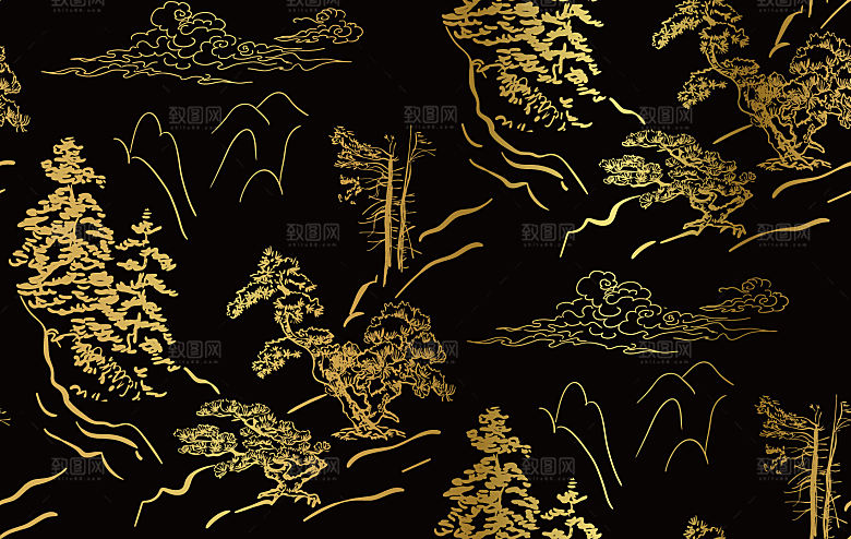 中式黑金山水建筑插画