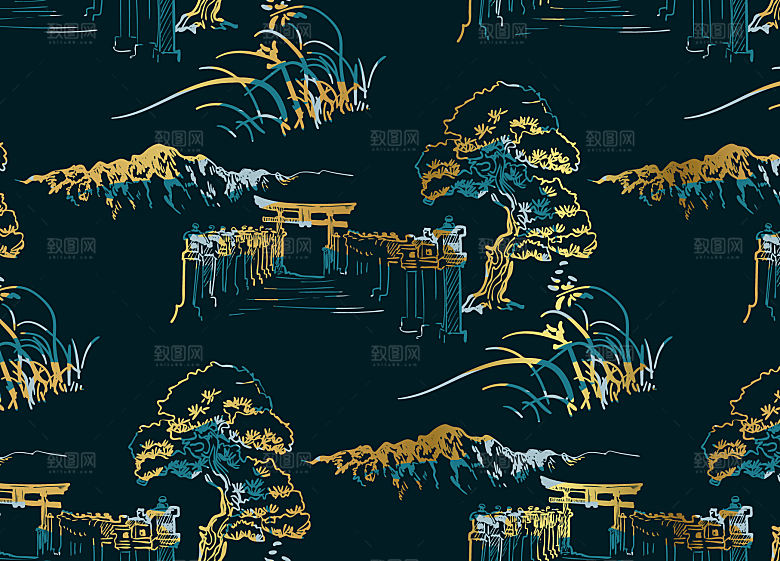 中式黑金山水建筑插画
