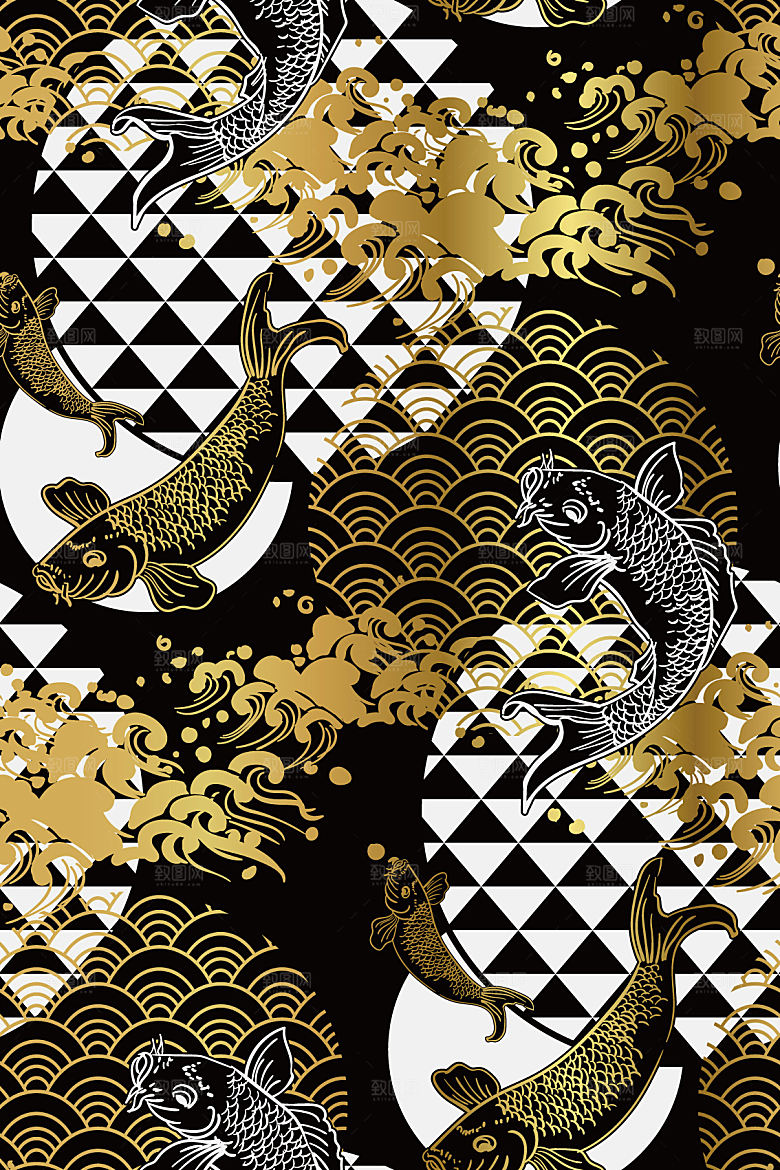 中式黑金山水建筑插画