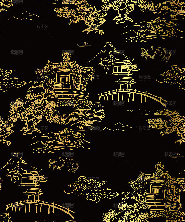 中式黑金山水建筑插画