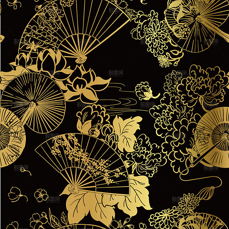 中式黑金山水建筑插画
