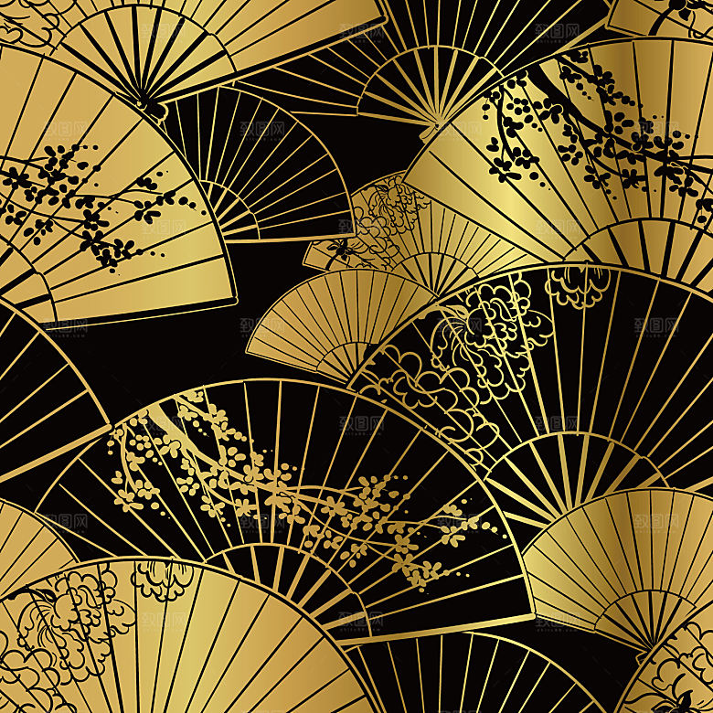 中式黑金山水建筑插画